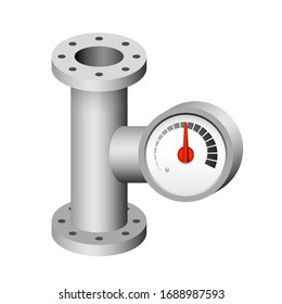 Pressure gauge or manometer icon. Also called pressure meter or vacuum gauge. Device is a pressure measurement used to measure and display pressure. Include flange fitting for connection with pipeline