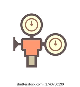 Pressure gauge or manometer icon. Also called pressure meter or vacuum gauge. Device is a pressure measurement used to measure and display pressure. Including with air valve and pipe. Vector icon.