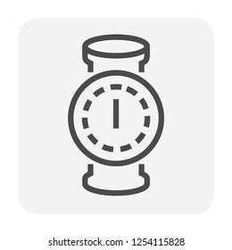 Pressure gauge or manometer vector icon. Also called pressure meter, vacuum gauge. Device is a pressure measurement used to measure and display pressure of fluid and gas in pipe or pipeline. 64x64 px.