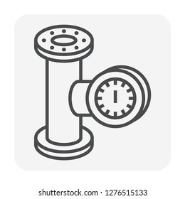 Pressure gauge or manometer vector icon. Also called pressure meter, vacuum gauge. Device is a pressure measurement used to measure and display pressure of fluid and gas in pipe or pipeline. 64x64 px.