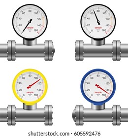 Pressure gauge pipe set isolated on white background. Gas water oil pump measure device collection. Industry meter instrument