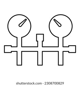 Pressure gauge and pipes manometer meter vacuum heating gas water oil pump measure device system contour outline line icon black color vector illustration image thin flat style