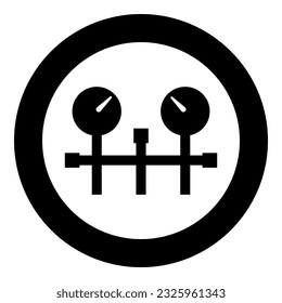 Pressure gauge and pipes manometer meter vacuum heating gas water oil pump measure device system icon in circle round black color vector illustration image solid outline style