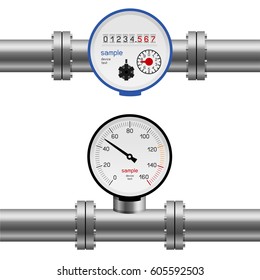 Pressure gauge water in pipe. Pump measure device set collection. Industry meter instrument