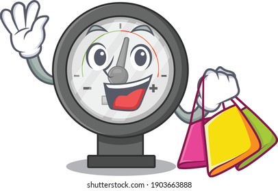 Pressure gauge wealthy cartoon character concept with shopping bags