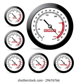 Pressure Gauges showing: Economy, Crisis, Recession, Bail out, Finance, Automotive