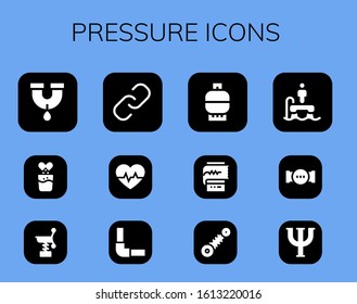 pressure icon set. 12 filled pressure icons. Included Pipe, Effervescent, Spring, Hyperlink, Cardiogram, Pipeline, Gas, Suspension, Flyboard, Psi icons