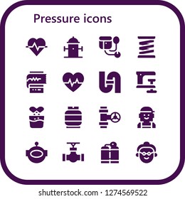  pressure icon set. 16 filled pressure icons. Simple modern icons about  - Cardiogram, Hydrant, Sphygmomanometer, Spring, Pipe, Clamp, Effervescent, Gas, Checker, Aqualung, Oxygen tank