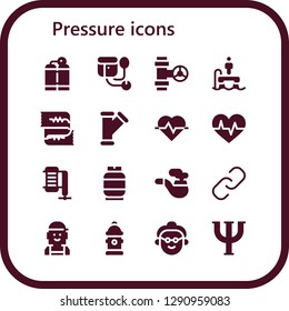  pressure icon set. 16 filled pressure icons. Simple modern icons about  - Oxygen tank, Sphygmomanometer, Pipe, Flyboard, Cardiogram, Compressor, Gas, Hyperlink, Checker, Hydrant