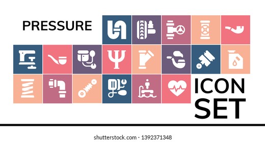 pressure icon set. 19 filled pressure icons.  Collection Of - Pipe, Clamp, Spring, Pipes, Suspension, Blood pressure, Flyboard, Cardiogram, Sphygmomanometer, Psi, Pistons, Gas
