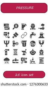  pressure icon set. 25 filled pressure icons. Simple modern icons about  - Cardiogram, Sandclock, Pipe, Checker, Sphygmomanometer, Pistons, Hyperlink, Cooker, Psi, Measuring glass