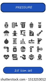 pressure icon set. 25 filled pressure icons.  Simple modern icons about  - Gas, Suspension, Measuring glass, Effervescent, Depression, Hydrant, Clamp, Attack, Spring, Flyboard
