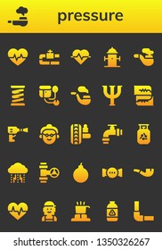 pressure icon set. 26 filled pressure icons.  Simple modern icons about  - Cardiogram, Pipe, Hydrant, Spring, Sphygmomanometer, Psi, Wheel pressure, Grandmother, Suspension, Gas