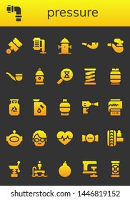 pressure icon set. 26 filled pressure icons.  Simple modern icons about  - Pistons, Pipes, Compressor, Hydrant, Pipe, Sandclock, Spring, Gas, Wheel pressure, Cardiogram, Aqualung