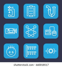 Pressure icon. set of 9 outline pressure icons such as vice clamp, pipe, irrigation system, angry emot