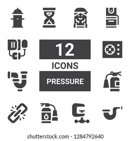 pressure icon set. Collection of 12 filled pressure icons included Pipe, Clamp, Extinguisher, Link, Cooker, Sandclock, Pepper spray, Blood pressure, Hydrant, Checker