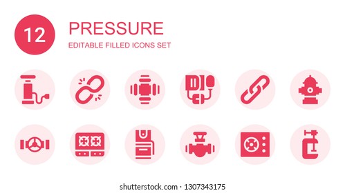 pressure icon set. Collection of 12 filled pressure icons included Pump, Link, Pipe, Blood pressure, Stove, Pepper spray, Cooker, Hydrant, Clamp