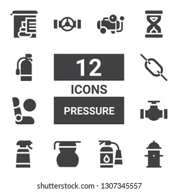 pressure icon set. Collection of 12 filled pressure icons included Hydrant, Extinguisher, Measuring glass, Desinfectant, Pipe, Airbag, Link, Sandclock, Stool test, Compressor