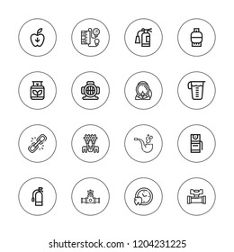 Pressure icon set. collection of 16 outline pressure icons with aqualung, blood pressure gauge, broken link, extinguisher, gravity, medical appointment, gas.
