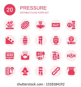 pressure icon set. Collection of 20 filled pressure icons included Grandmother, Compress, Pipe, Valve, Manometer, Gravity, Gas, Clamp, Pulsometer, Stove, Submerge, Blood pressure