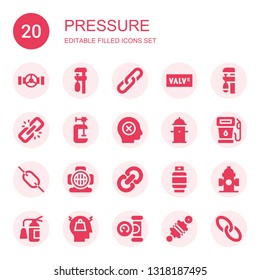 pressure icon set. Collection of 20 filled pressure icons included Pipe, Clamp, Link, Valve, Failure, Hydrant, Gas, Aqualung, Extinguisher, Stress, Manometer, Damper