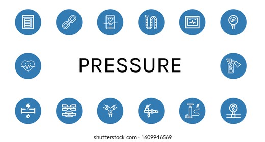 pressure icon set. Collection of Chamber, Link, Heart rate, Pipe, Ecg, Pressure, Broken pipe, Pipes, Air pump, Fire extinguisher icons