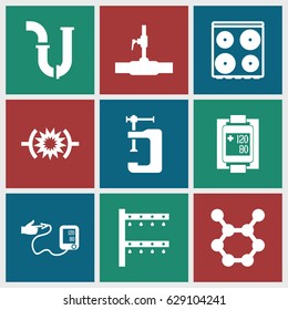 Pressure icons set. set of 9 pressure filled icons such as cooker, pipe, vice clamp, irrigation system, water pipe