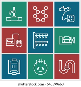 Pressure icons set. set of 9 pressure outline icons such as pipe, vice clamp, irrigation system, water pipe, angry emot