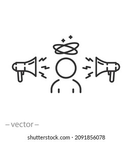 pressure or influence media, man dizziness icon, news opinion fake, social propaganda, thin line symbol - editable stroke vector illustration