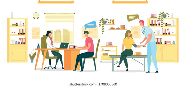 Ilustración de vectores de dibujo plano con concepto de medición de presión. Mujer sentada en el sofá con Tonómetro en la mano. Hombre mediendo su presión. Doctor sentado a la mesa con el paciente. Chequeo médico.