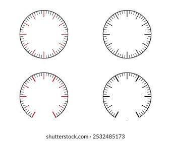 Medidor de presión, velocímetro, navegador de barómetro o Ilustración vectorial de medición de la escala del indicador del salpicadero. Editable y escalable.