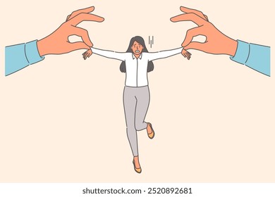 Pressure on business woman from person pulling to side, demanding that plan be carried out. Problem of pressure on employees from different managers forcing employees to work beyond normal limits