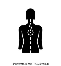 Pressure on spinal nerves black glyph icon. Muscle spasms. Pain between shoulder blades. Numbness, tingling. Damage to spinal cord. Silhouette symbol on white space. Vector isolated illustration