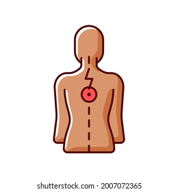 Pressure on spinal nerves RGB color icon. Muscle spasms. Pain between shoulder blades. Numbness, tingling. Damage to spinal cord. Vertebrae dislocation. Upper back pain. Isolated vector illustration