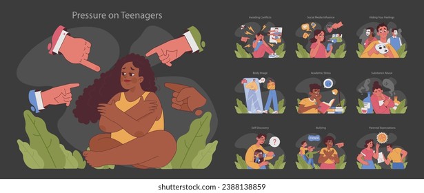 Pressure on teenagers dark or night mode set. Teens exploring self-worth, academic hurdles, societal influences and judgments. Body image concerns and parental expectations. Flat vector illustration