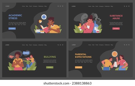 Pressure on teenagers dark or night mode web, landing set. Teens exploring self-worth, academic hurdles, societal influence and judgments. Bullying and parental expectations. Flat vector illustration