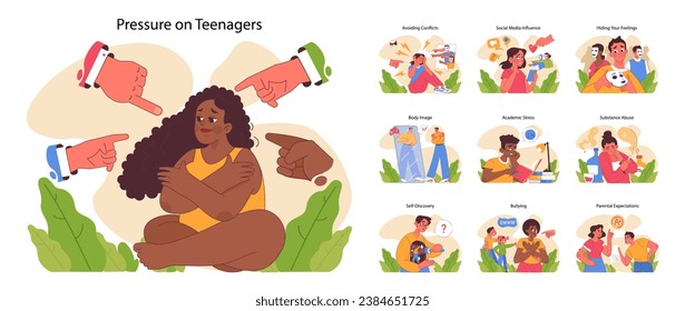 Pressure on teenagers set. Teens navigating societal judgments, exploring self-worth, academic hurdles, and societal influences. Body image concerns and parental expectations. Flat vector illustration