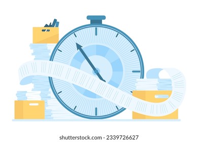 Pressure of paperwork and deadline vector illustration. Cartoon isolated big timer and long endless scroll of paper from office boxes with documents and tax forms, bureaucracy and time management