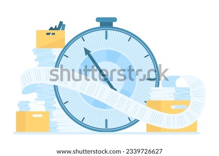 Pressure of paperwork and deadline vector illustration. Cartoon isolated big timer and long endless scroll of paper from office boxes with documents and tax forms, bureaucracy and time management