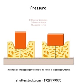 Pressure in physics. Pressure is the force applied perpendicular to the surface of an object per unit area. Different pressure, and area, the same force. 