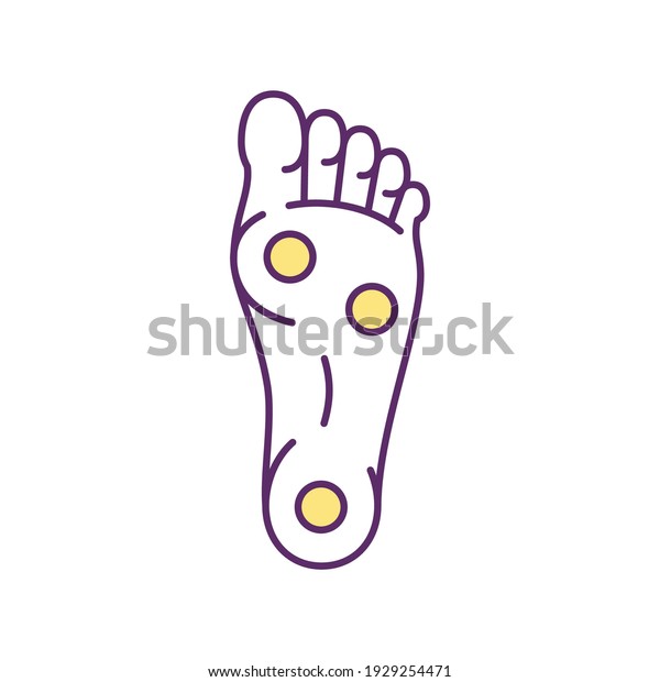 Pressure points on feet RGB color icon. Foot\
reflexology. Boosting blood circulation. Keeping muscles and\
tissues healthy. Acupressure points. Regulating digestive issues.\
Isolated vector\
illustration