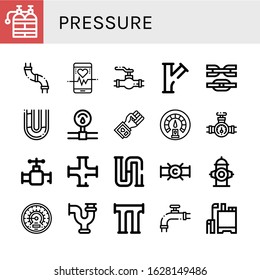pressure simple icons set. Contains such icons as Oxygen tank, Pipe, Heart rate, Valve, Link, Pressure, Blood pressure, Dashboard, Piping, can be used for web, mobile and logo