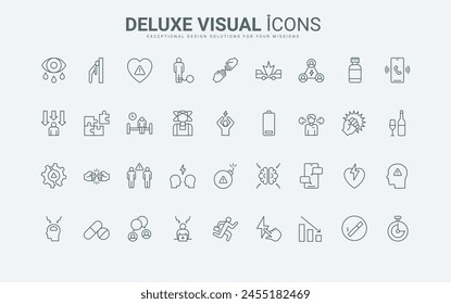 Pressure of social media and depression, difficulty and deadline at work, insomnia and anxiety thin black and red outline symbols, vector illustration. Causes and factors of stress line icons set