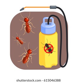 Pressure sprayer for extermination of termites and ants. Colorful cartoon illustration