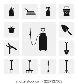 Pressure sprayer flat web icon. Manual sprayer sign web icon silhouette. Pressure sprayer for destruction of termites and ants solid black icon vector design. Garden tools icon set