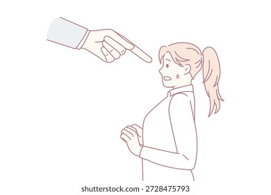 Conceito de pressão e estresse no trabalho. Jovem mulher com medo em pé e olhando para a mão enorme chefe em seu rosto apontando para sua ilustração vetorial