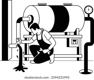 Pressure Tank Pipe Burst vector design, plumbing worker sketch Handyman Service scene HVAC technician illustration, industrial maintenance worker fixing cracked pipe connected cylindrical tank concept