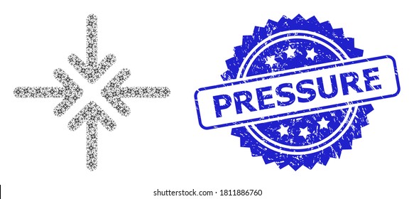 Pressure textured stamp seal and vector recursive composition collapse arrows. Blue stamp seal has Pressure tag inside rosette. Vector collage is organized of recursive rotated collapse arrows items.