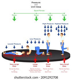 Pressure And Unit Area Infographic Diagram Example Man In Different Body Positions Standing On One Foot Both Feet Crawling Laying On The Floor Force Equal Contact Area Physics Science Education Vector