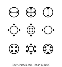 Pressure, vacuum and inflation physical properties icon set. Circle with arrows showing forces or size of object. Diameter dimension symbols. Editable stroke.